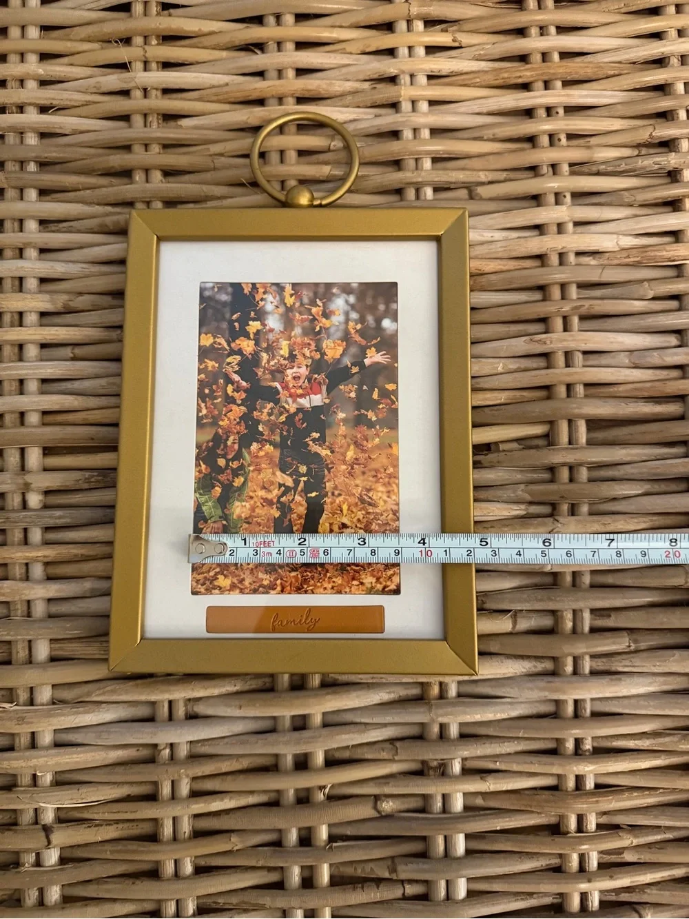 Gold Metal Picture Frame w Tan Lather 'Family' Tag - fits 3.5 x 5